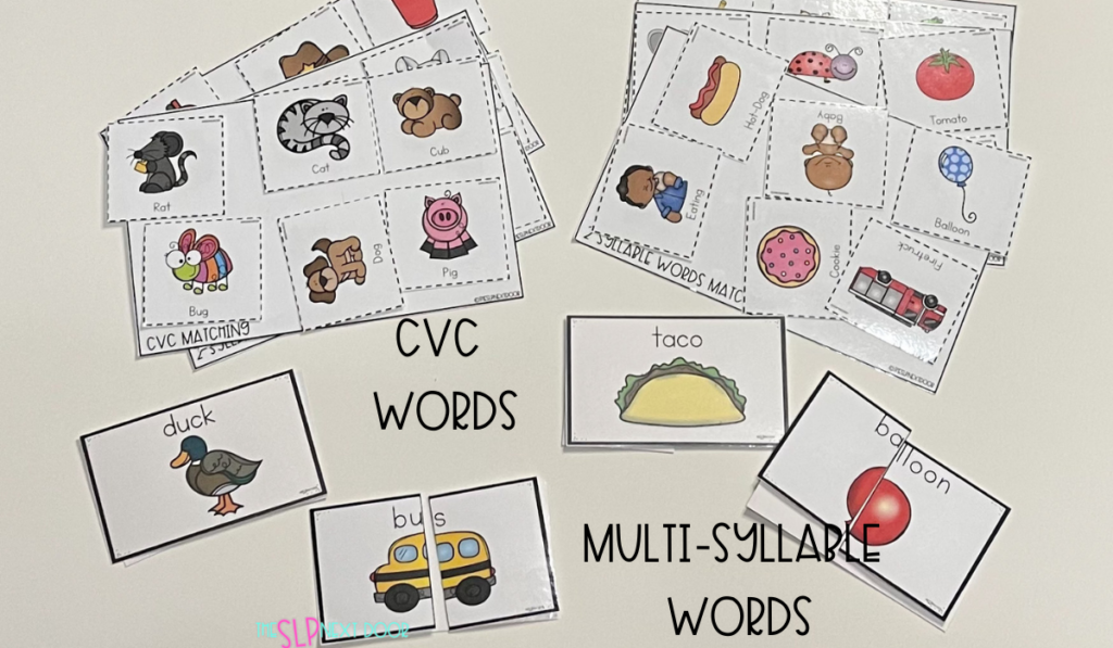multiple cvc words with pictures, two syllable words with pictures, and three syllable words with pictures