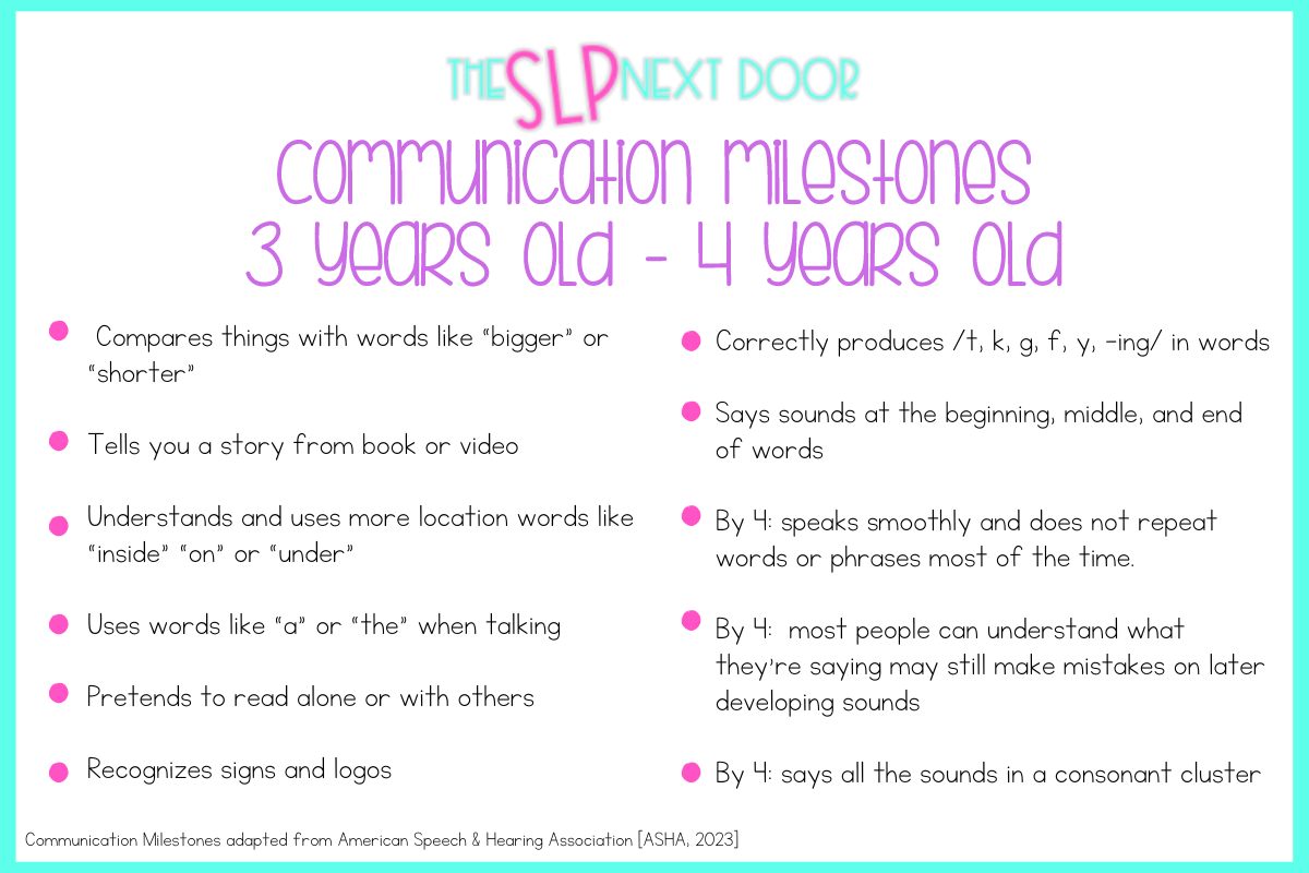 Language milestones for 3 year olds 4 year olds the slp next door